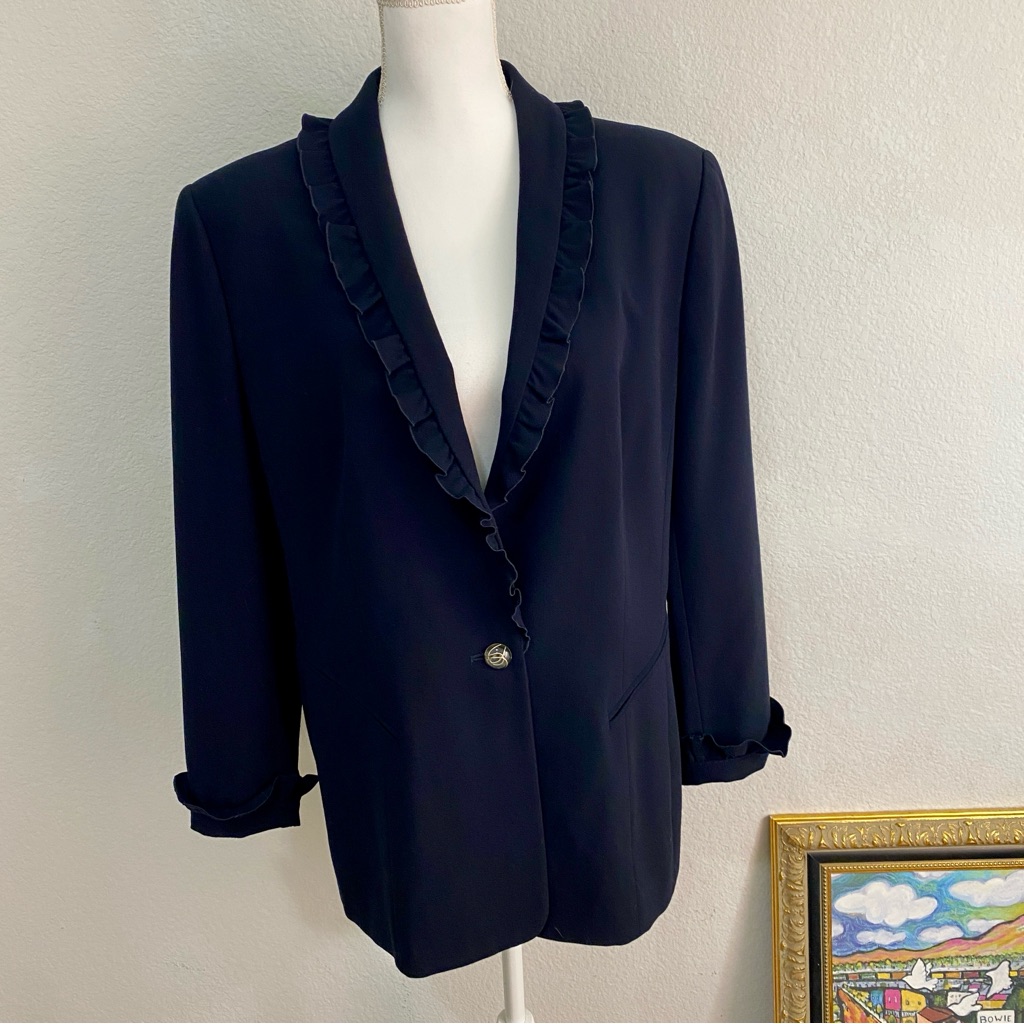 Vtg Escada 100% Virgin Wool Ruffle Blazer Jacket Navy Blue | Size 44 Us 14
